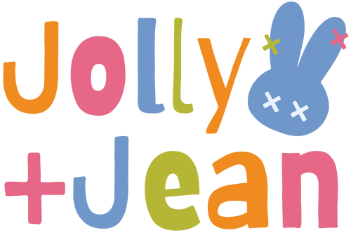 Colorful logo with 'Jolly + Jean' text and a cartoon rabbit on a white background